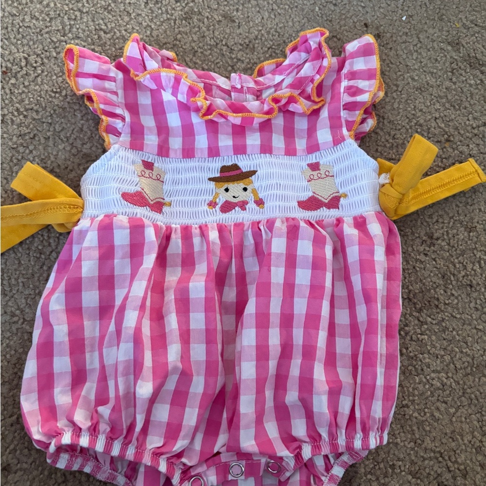 Pink Gingham Baby Romper with Embroidery